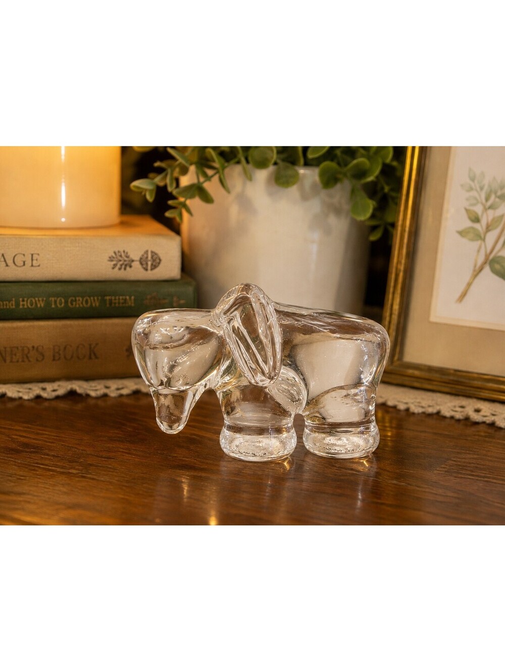 Vintage Clear Glass Elephant Figurine Shelf Sitter Trunk Down 3.5"